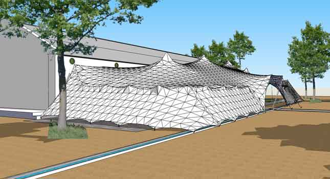 370 square metre custom stretch tent in platinum: sides closed