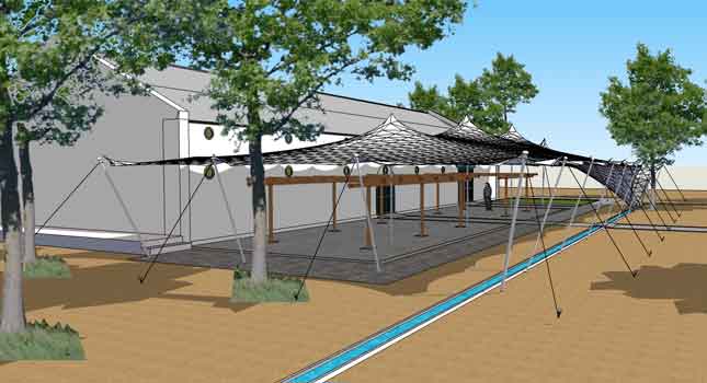 370 square metre custom stretch tent in platinum: sides open