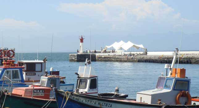 White stretch tents at Kalk Bay Harbour, Cape Town